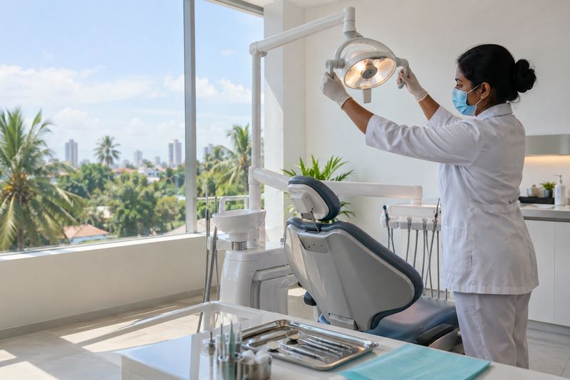 A dentist preparing a bright treatment room in Colombo