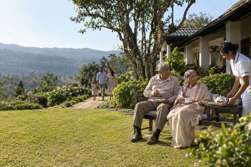 An elderly couple with a nurse on a sunny garden bench