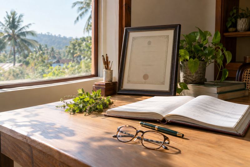 A practitioner's certificate and an open register on a desk