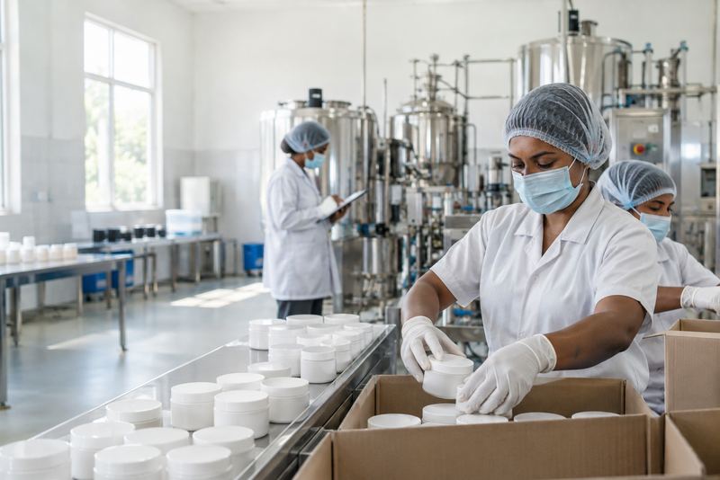 Gloved hands packing jars of herbal cream on a production line
