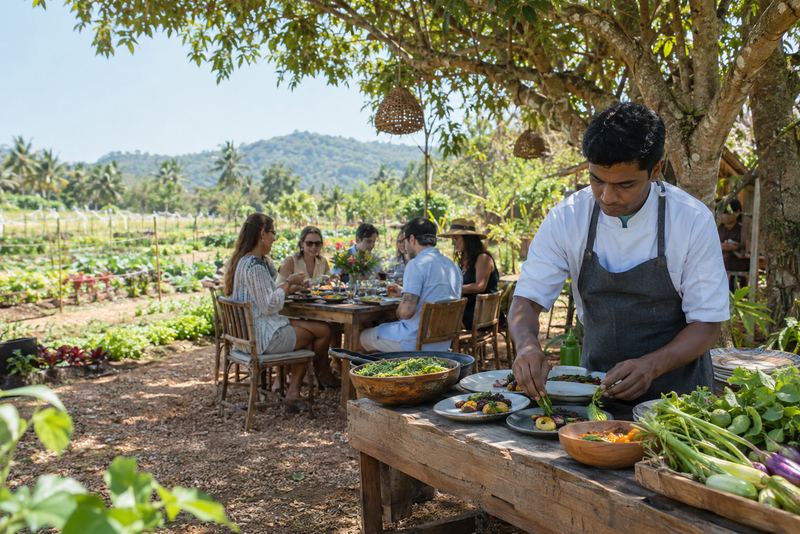 A cook plating fresh vegetables at an organic farm restaurant