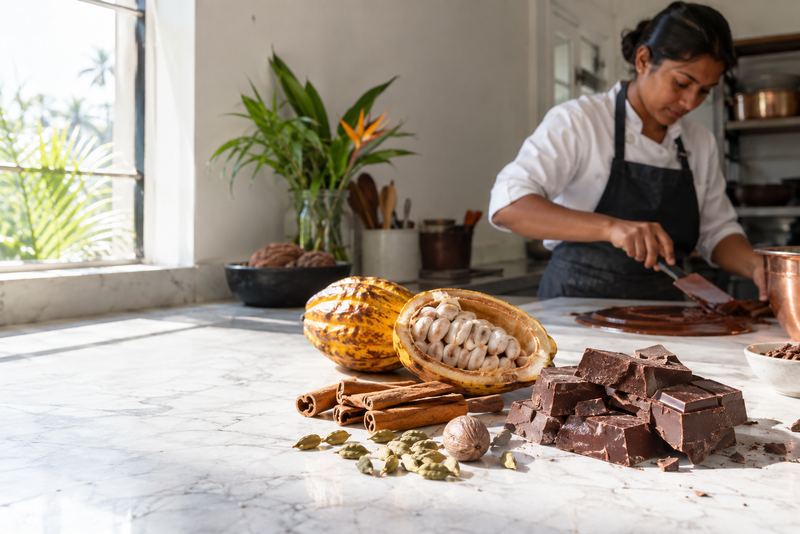 Chocolate, cocoa pods and Sri Lankan spices on marble