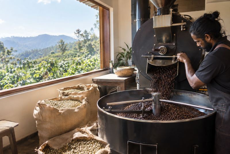 A roaster tipping fresh beans into a cooling tray