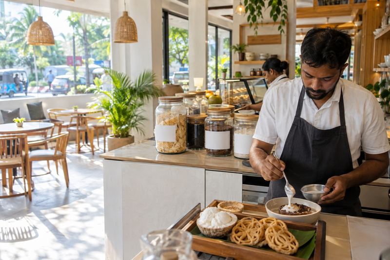 A cook serving watalappan in a sunny coconut dessert café
