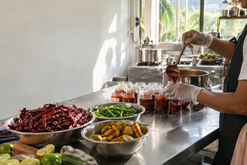 Chilli sauce being ladled into jars in a sunny workshop kitchen