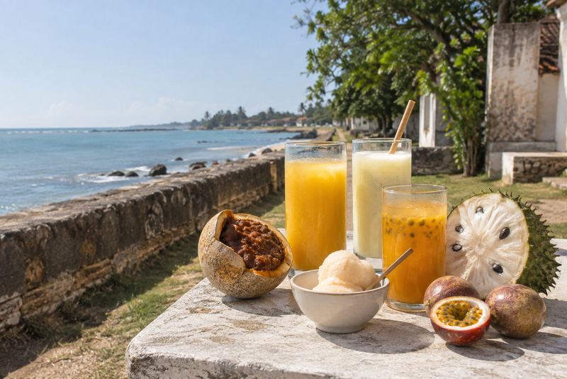 Wood-apple, soursop and passion fruit with juices and sorbet in sun