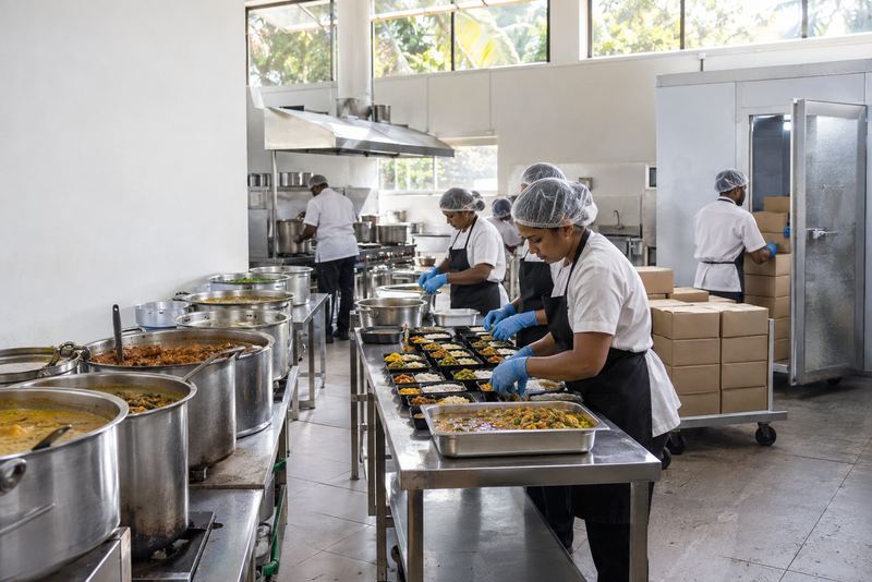 Curry portions sealed into trays in a large sunlit kitchen