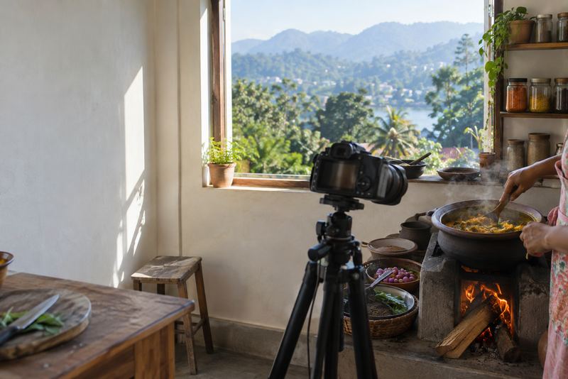 A camera filming curry cooked on a hearth in a sunny Kandy kitchen