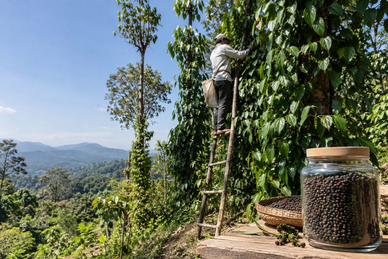 A picker on a ladder among pepper vines in the Matale hills