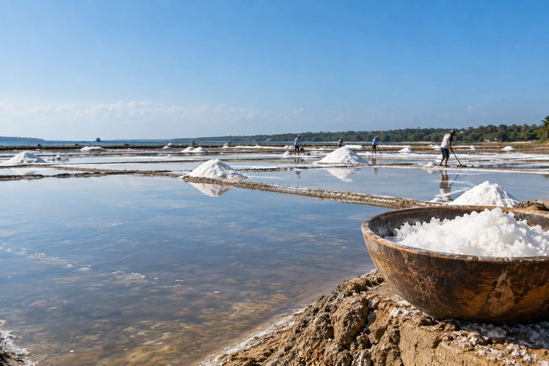 Salt heaps on the Hambantota pans with a bowl of flaked salt