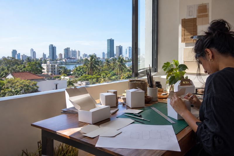 Cardboard box prototypes on a designer's desk by a sunny window