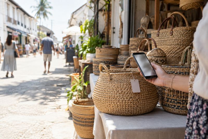 A buyer's phone held to a basket tag at a sunny market