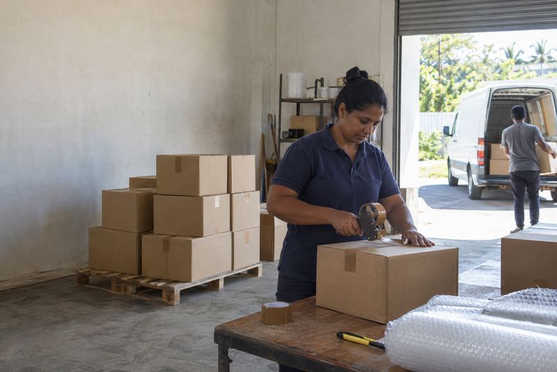Parcels sealed and stacked in a dispatch shed with a waiting van