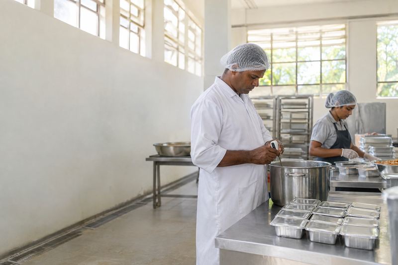 An inspector checking food temperature in a bright small factory