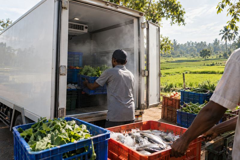 Fresh produce loaded into a refrigerated van at a village