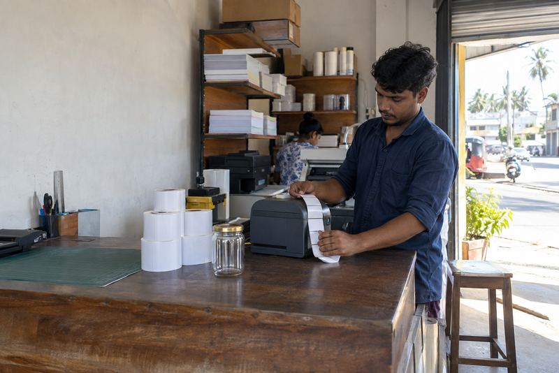 A printer feeding blank labels on a small print shop counter