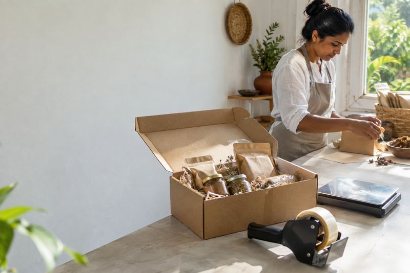 A sample box of jars, tea and spices packed for a buyer