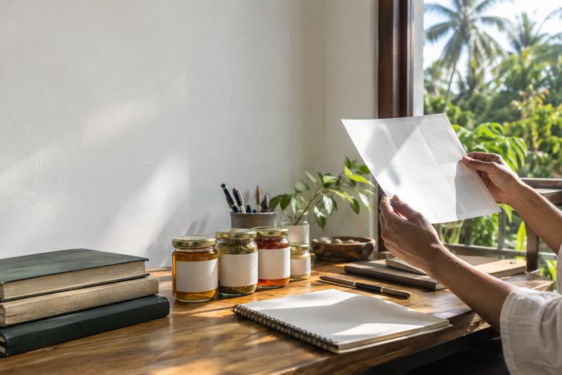 Hands holding a label proof to the window beside product jars