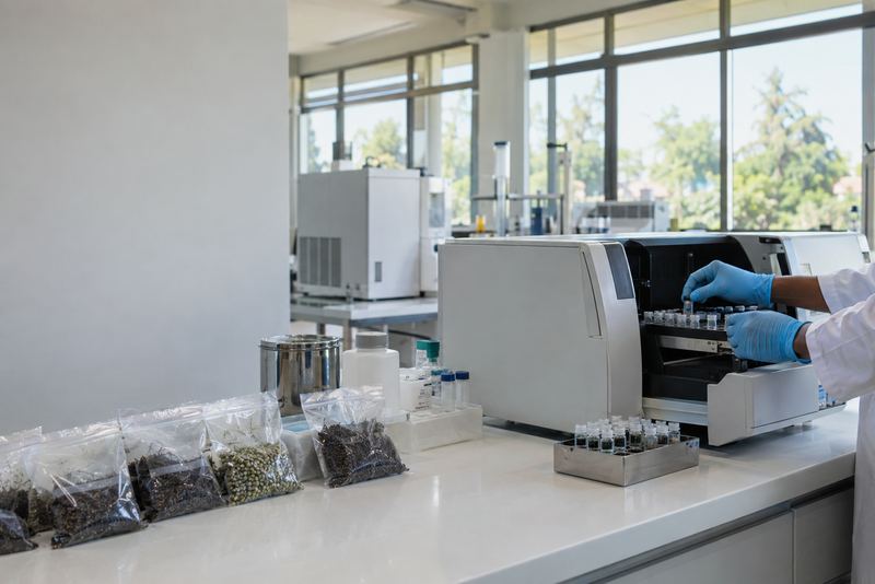 A technician loading sample vials beside bags of tea and beans