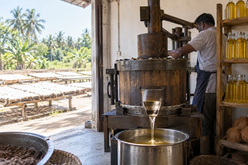 Virgin coconut oil running from a press in a small mill