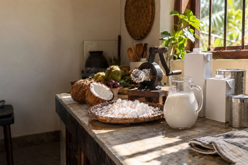 Coconut milk cartons and tins beside grated coconut and a press