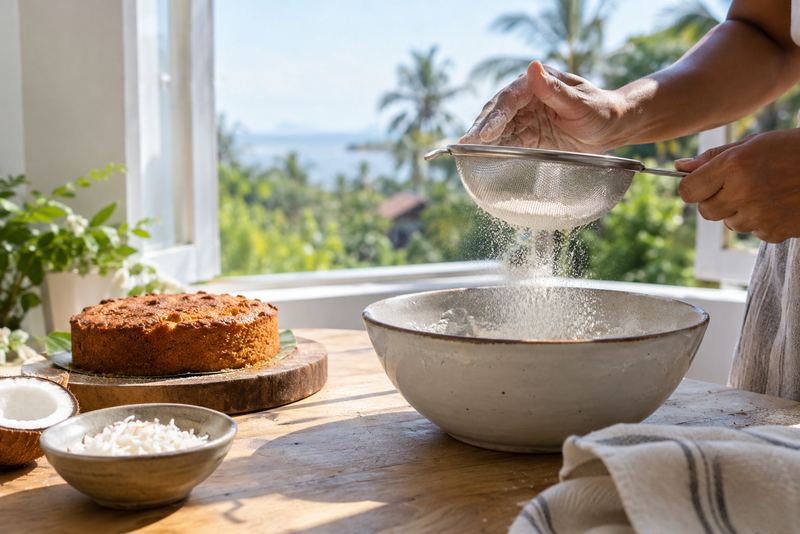 Coconut flour sieved beside desiccated coconut and a cake