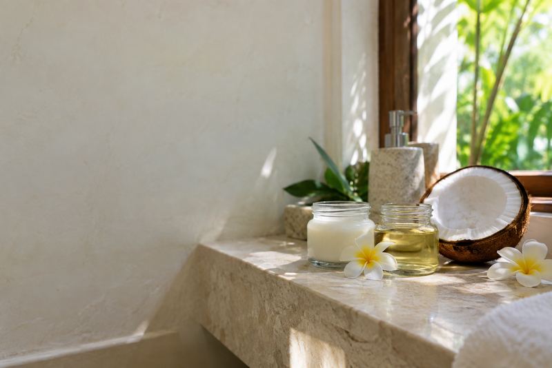 Coconut hair oil and cream jars with frangipani on a sunny shelf