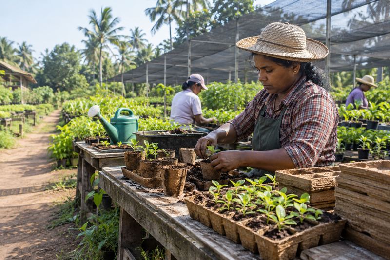 Seedlings set into coir pots and trays at a nursery