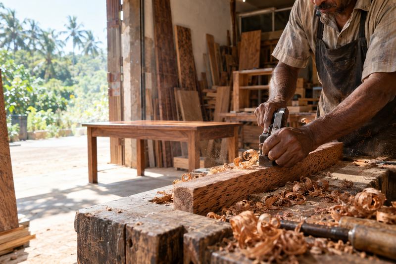 A carpenter planing coconut timber in a sunny workshop