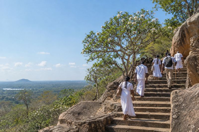A guide leading pilgrims up the stone stairway at Mihintale