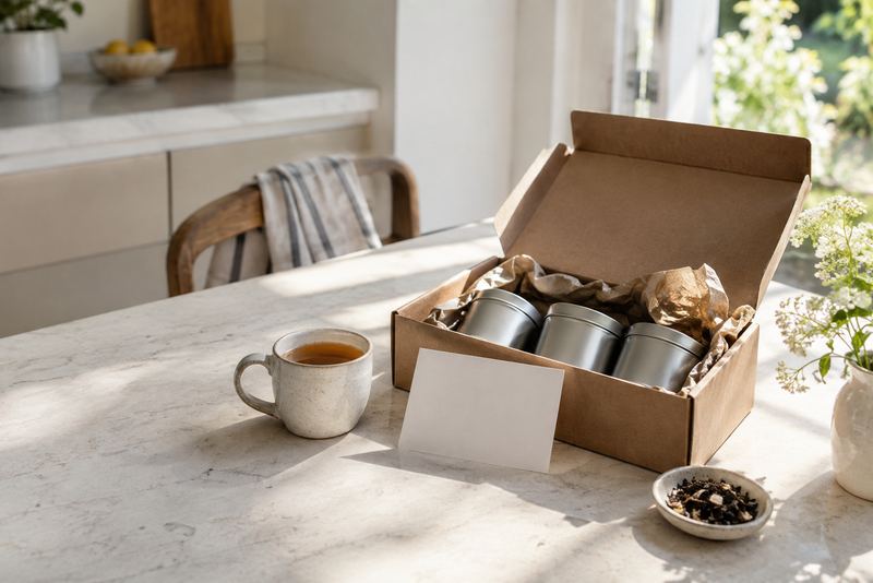 A tea subscription box with three tins and a cup of tea