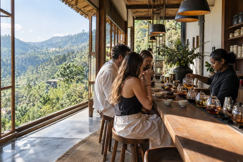 A host pouring tea at a bar-style tasting room in Ella