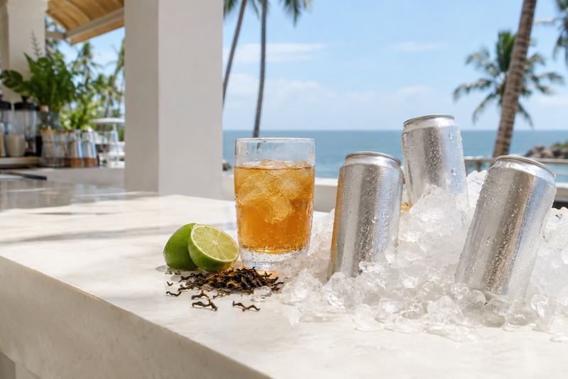Cans of sparkling iced tea on ice beside a bubbling glass