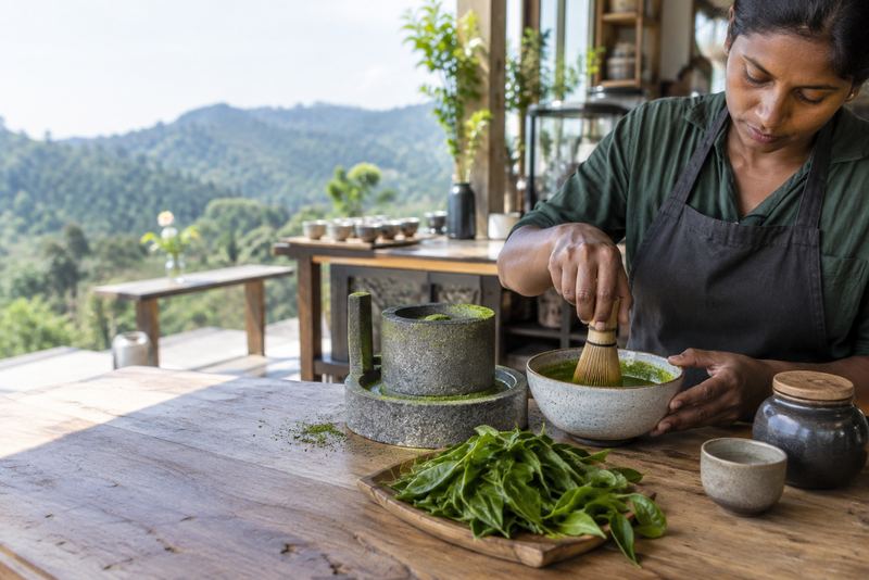 Ground green tea whisked in a bowl beside a stone grinder