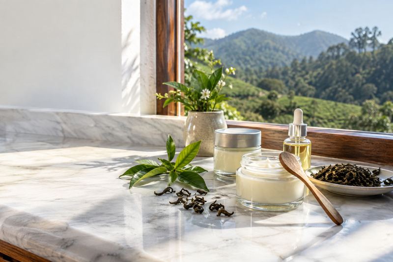 Tea-extract creams and a serum with fresh tea leaves