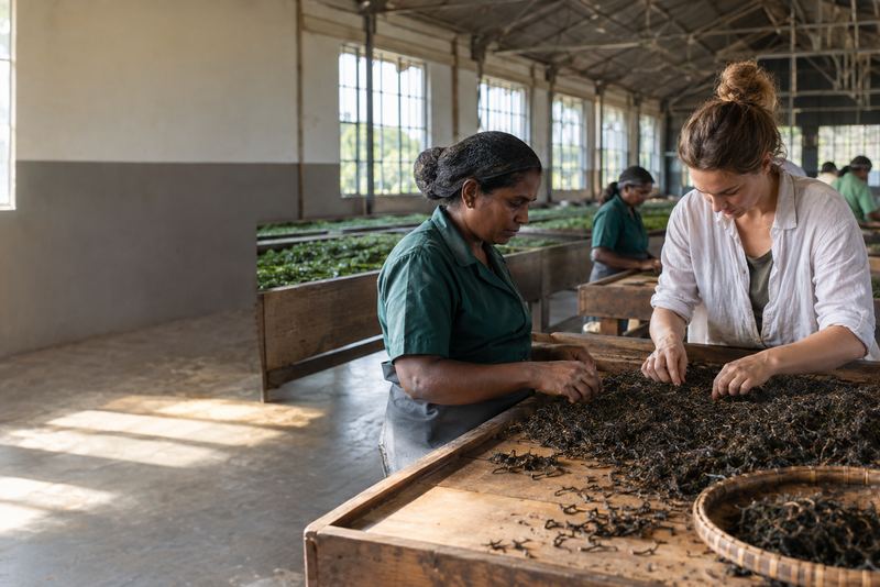 A visitor and a worker sorting tea in a sunlit factory morning