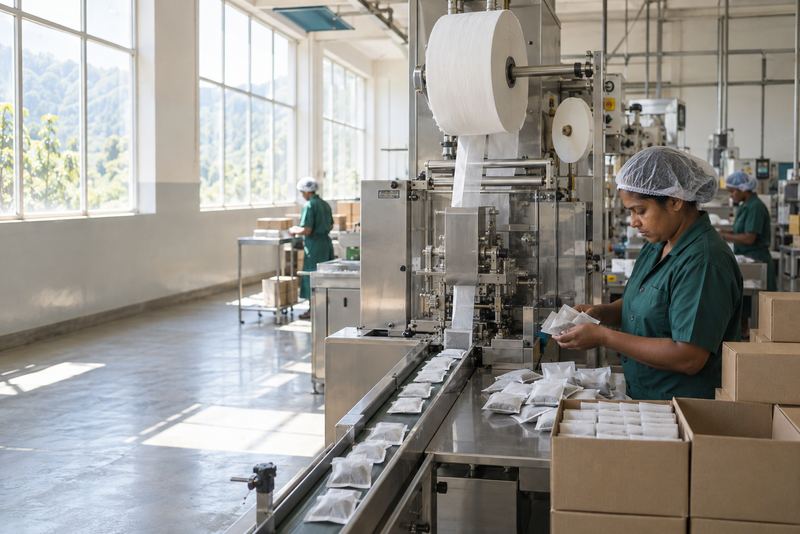 A worker checking paper tea bags at a filling machine
