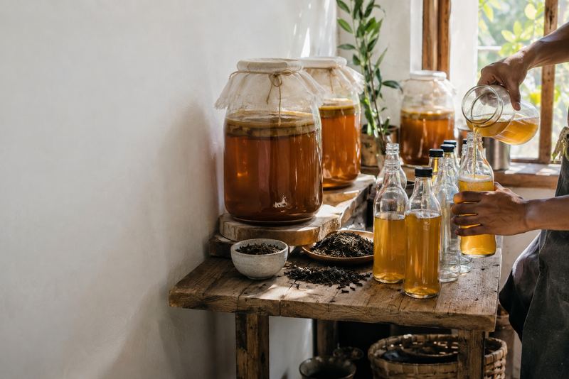 Jars of kombucha fermenting while bottles are filled