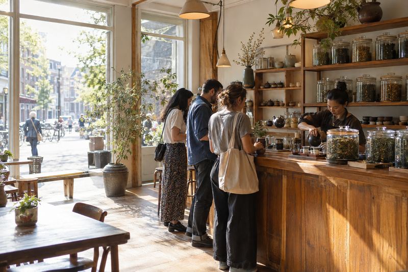 A server pouring tea in a small tea house abroad
