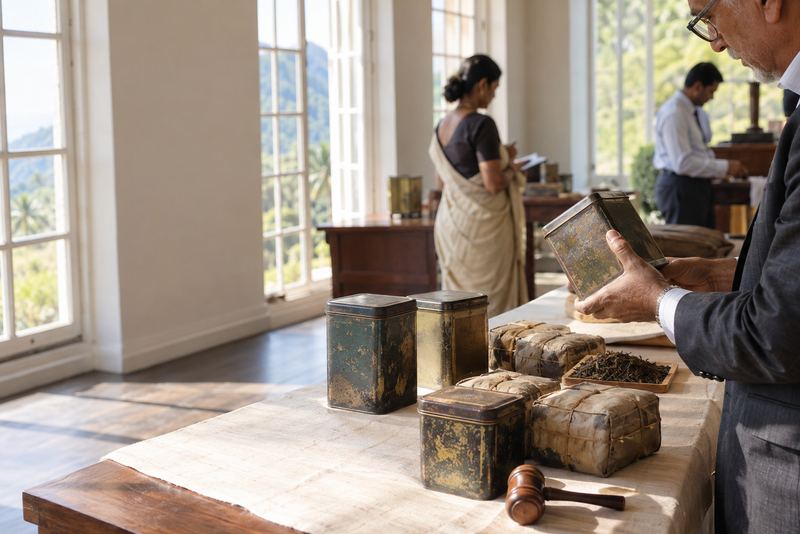 Old tea tins and aged tea bundles with an auction gavel