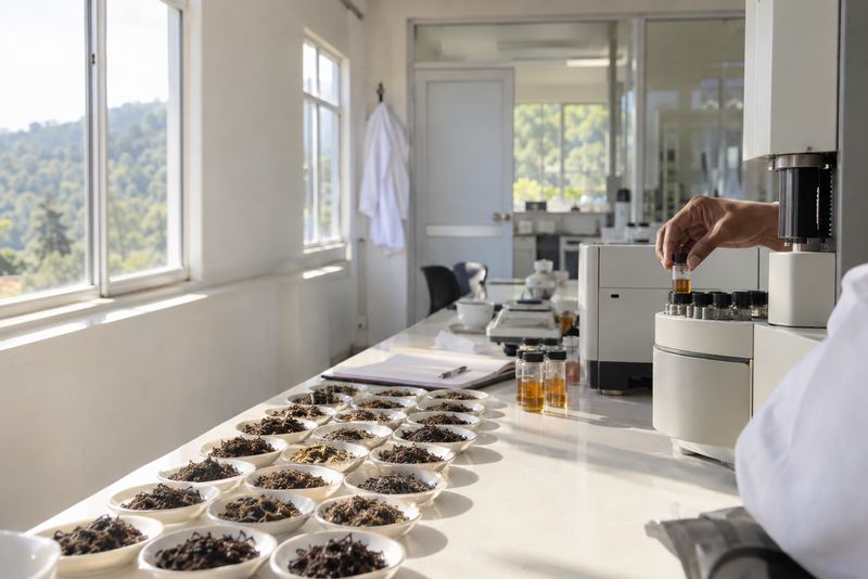 A technician testing tea samples in a bright laboratory