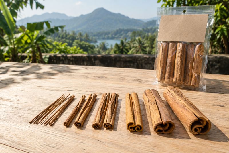 Cinnamon quills sorted by grade beside a retail pack