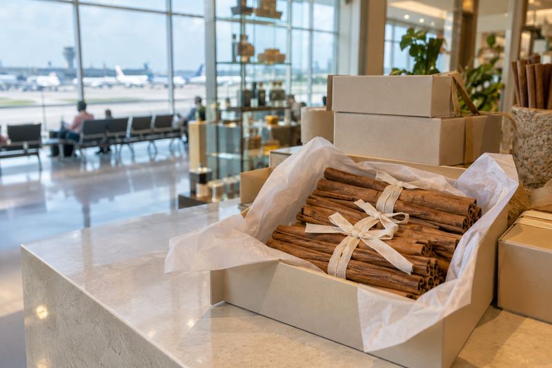 Cinnamon bundles in an open gift box on a shop counter