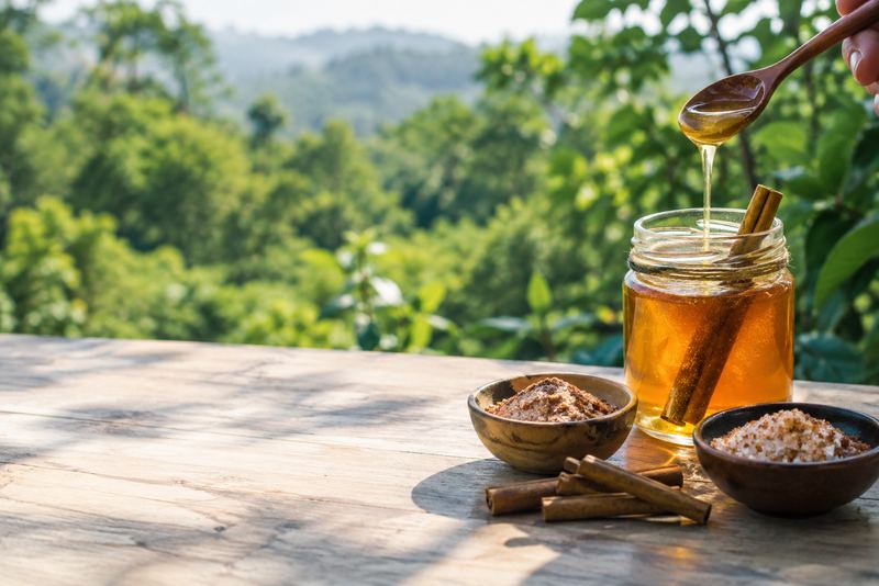 Cinnamon honey, sugar and salt on a sunny table