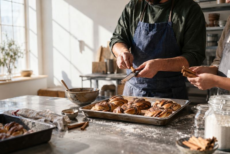 A baker grating a cinnamon quill over a tray of buns