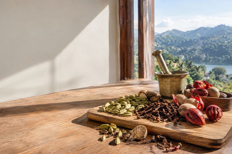 Cardamom, cloves and nutmeg with mace on a wooden board