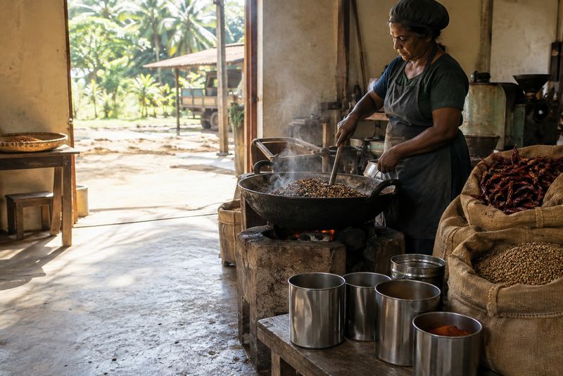 Spices roasting in an iron pan in a spice mill