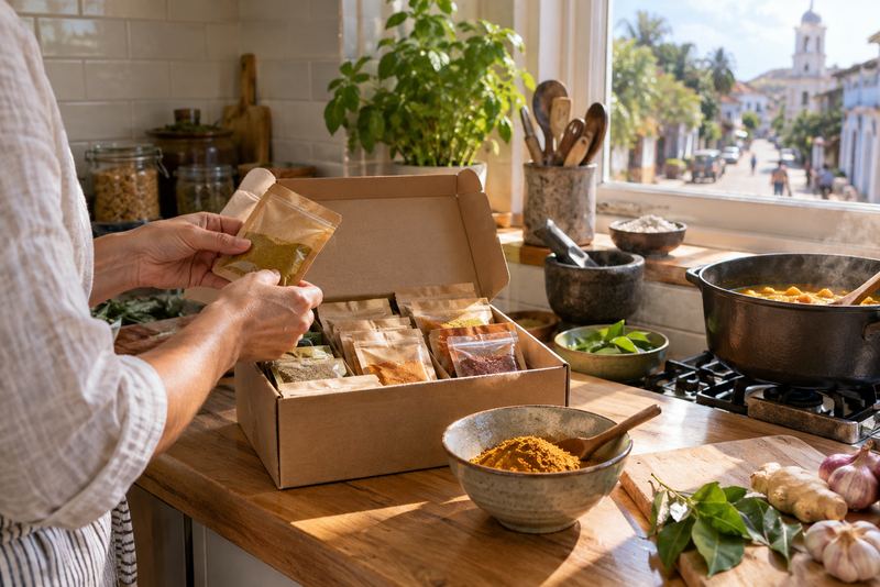 A spice subscription box opened in a kitchen abroad