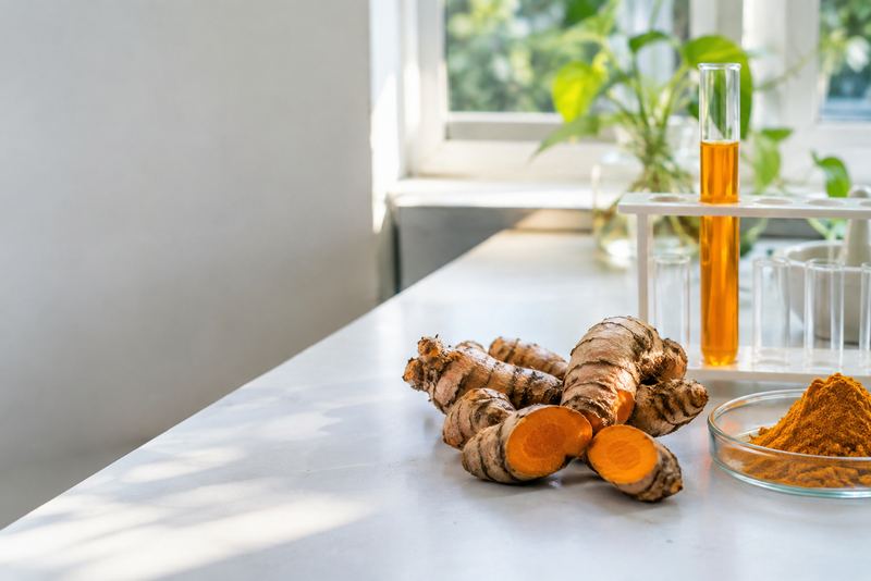 Fresh turmeric, powder and a test tube of extract on a bench