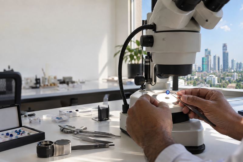 A gemmologist examining a sapphire under a microscope